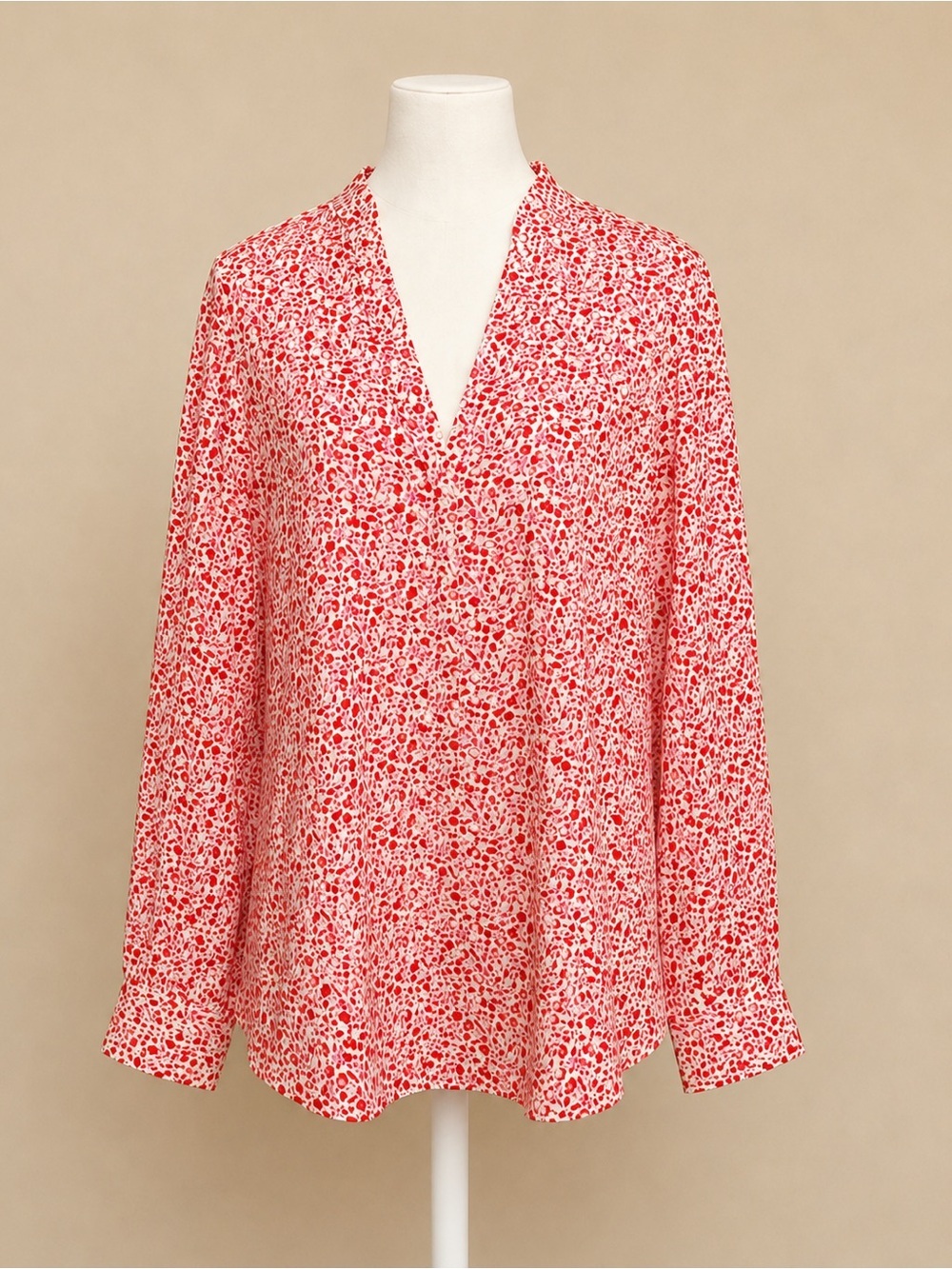 Boden • Floral Print V-Neck Blouse • Red White Botanical Top • Size 18